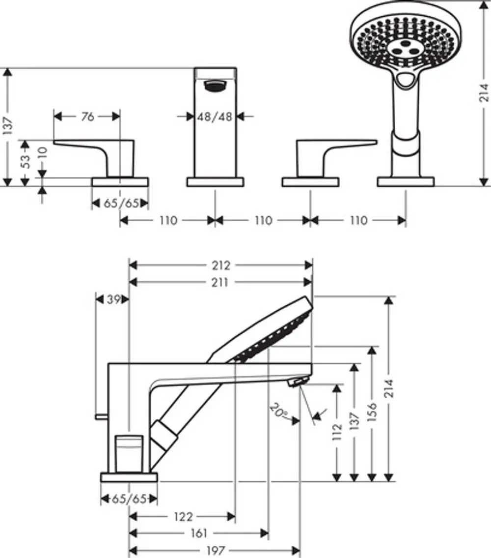 Hansgrohe Wannenrandarmatur mit zwei Hebelgriffen und Handbrause. Technische Zeichnung mit Abmessungen und Montagehinweisen.